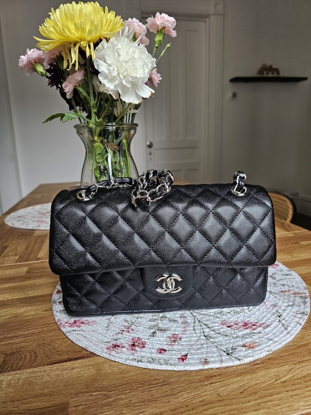 CHANEL Black Quilted Flap Shoulder Bag with Silver Hardware